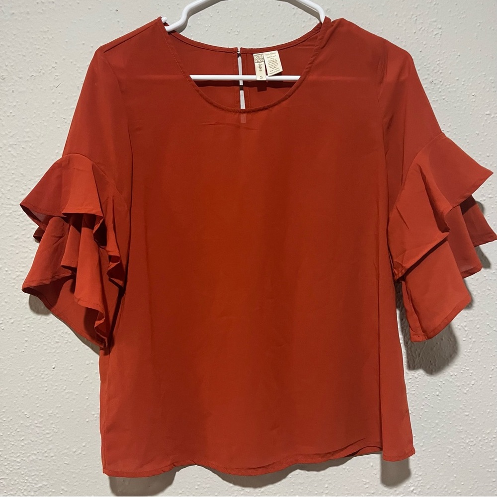 Japna Top Women's Small Orange Layered Sleeve Scoop Neck